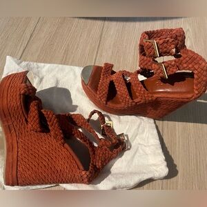 Jimmy Choo rust suede braided wedge sandals with gold-tone accents